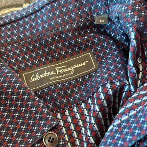 RUNWAY SALVATORE FERRAGAMO MICRO GEOMETRIC COLORBLOCK KNIT WOVEN DRESS SHIRT